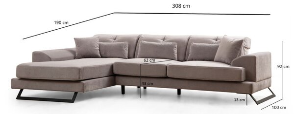 Hanah Home Rohová sedacia súprava Frido 308 cm svetlosivá ľavá