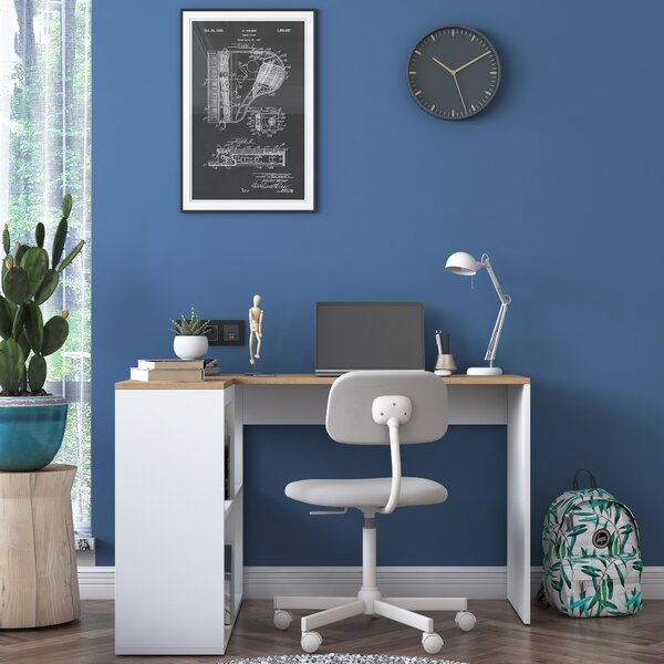 Kalune Design Rohový písací stôl Mario 120 cm s úložným regálom dub prírodný/biely