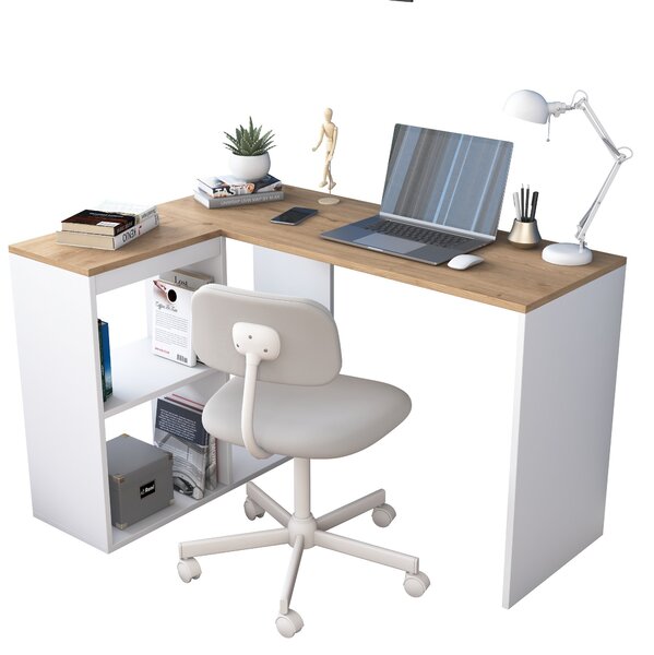 Kalune Design Rohový písací stôl Mario 120 cm s úložným regálom dub prírodný/biely