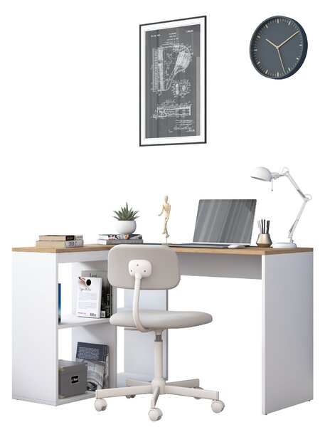 Kalune Design Rohový písací stôl Mario 120 cm s úložným regálom dub prírodný/biely