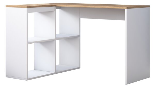 Kalune Design Rohový písací stôl Mario 120 cm s úložným regálom dub prírodný/biely