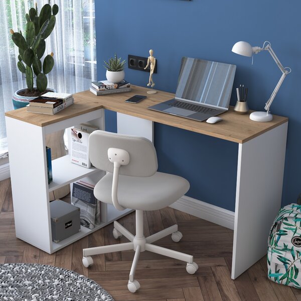 Kalune Design Rohový písací stôl Mario 120 cm s úložným regálom dub prírodný/biely