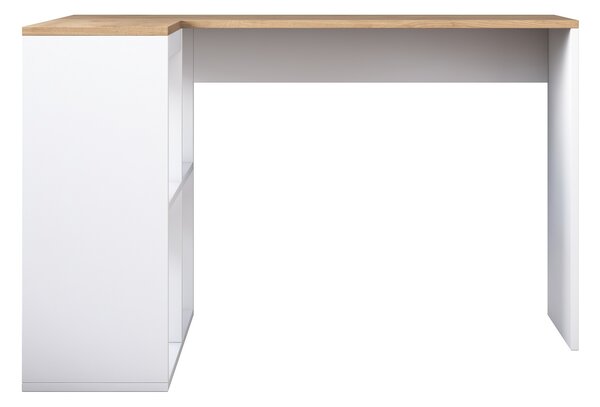 Kalune Design Rohový písací stôl Mario 120 cm s úložným regálom dub prírodný/biely