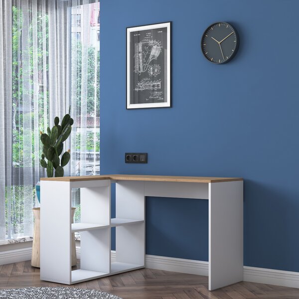 Kalune Design Rohový písací stôl Mario 120 cm s úložným regálom dub prírodný/biely