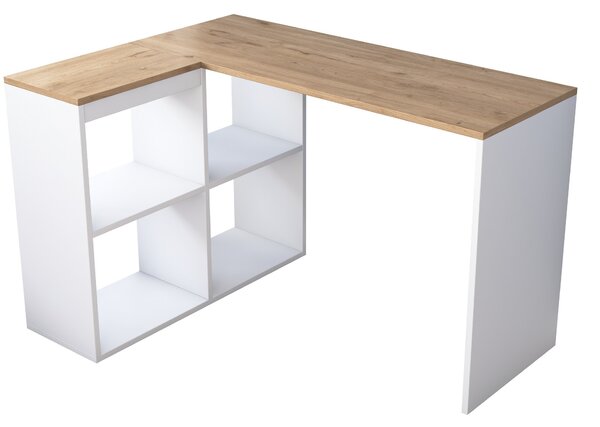 Kalune Design Rohový písací stôl Mario 120 cm s úložným regálom dub prírodný/biely