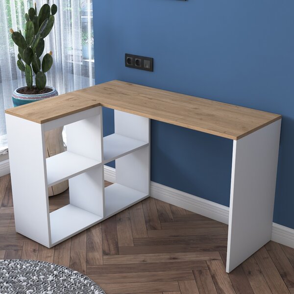 Kalune Design Rohový písací stôl Mario 120 cm s úložným regálom dub prírodný/biely