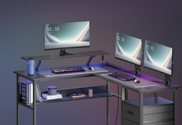 SONGMICS Rohový písací stôl so zásuvkami a LED Vasagle Bora čierny