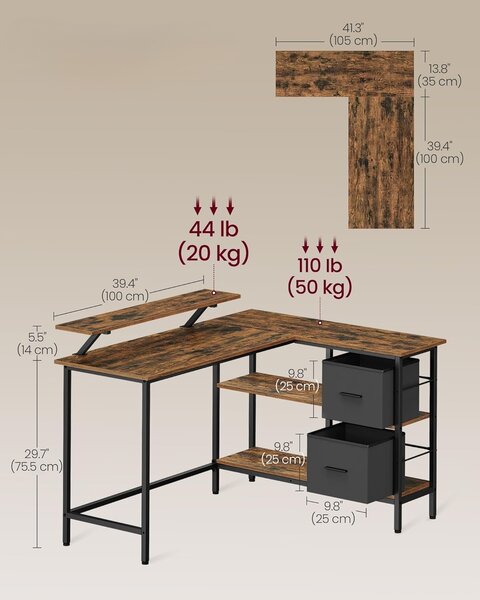 SONGMICS Rohový písací stôl Vasagle Very hnedo-čierny