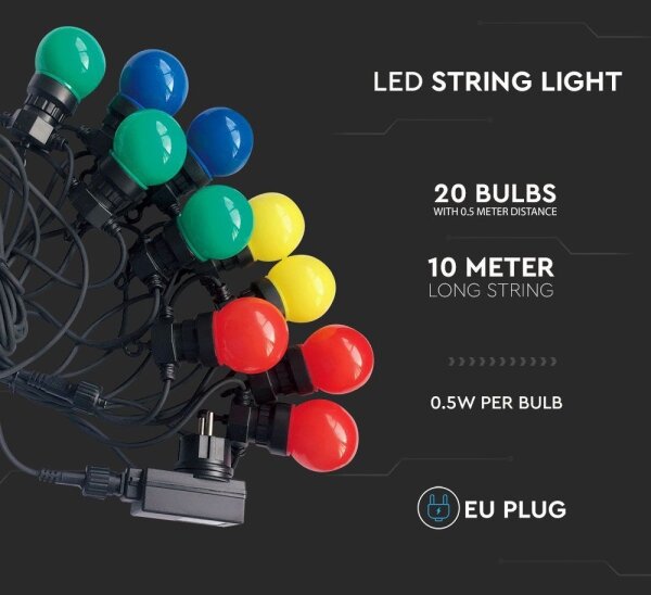 LED Vonkajšia reťaz STRING RGB 10m 20xLED/0,5W/230V IP44