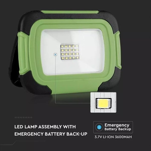 LED Nabíjací reflektor SAMSUNG CHIP LED/10W/3,7V IP44 4000K 3600 mAh zelená