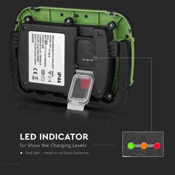 LED Nabíjací reflektor SAMSUNG CHIP LED/10W/3,7V IP44 4000K 3600 mAh zelená