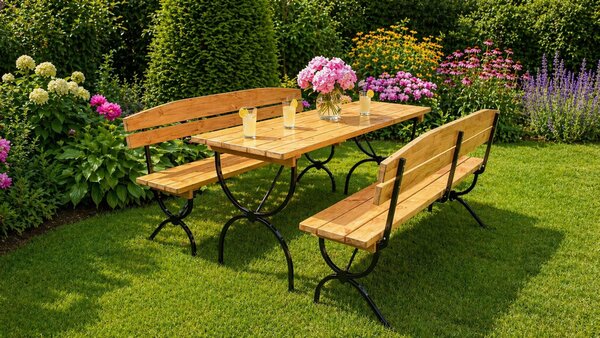 Pivný set DE LUX I 180x60cm - masív borovice - stôl + lavice s opierkou
