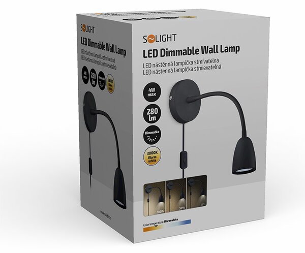 SOLIGHT LED nástenná lampička, stmievateľná, 4W, 280lm, 3000K, čierna
