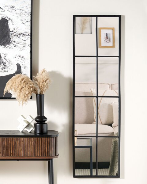 Nástenné závesné zrkadlo čierne kovové sklo 38 x 132 cm tvar okna obdĺžnikový kovový rám priemyselný moderný dizajn