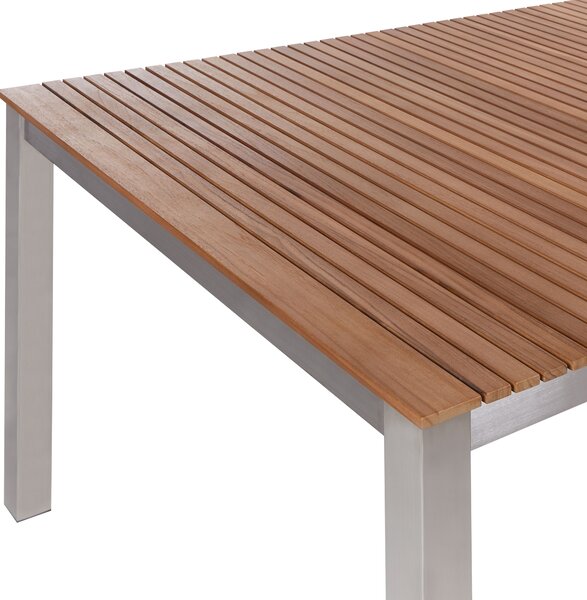 Záhradný stôl svetlé certifikované teakové drevo 200 x 90 cm oceľový strieborný rám obdĺžnikový klasický štýl vonkajší