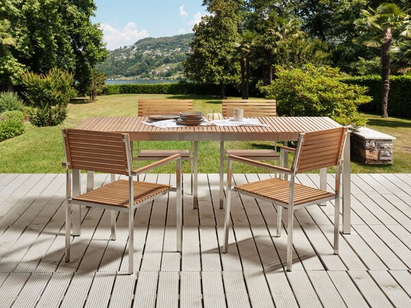Záhradný stôl svetlé certifikované teakové drevo 200 x 90 cm oceľový strieborný rám obdĺžnikový klasický štýl vonkajší