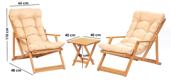 Kalune Design Sada záhradného nábytku Triol so stolom a dvomi lehátkami z masívu hnedá/krémová