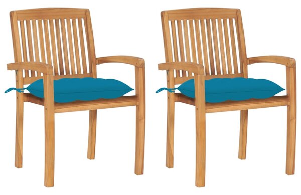 Záhradné stoličky 2 ks bledomodré podložky tíkový masív