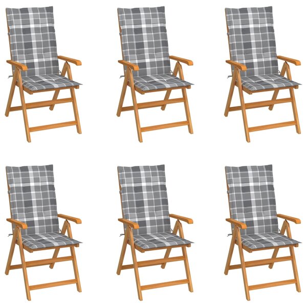 Záhradné stoličky 6 ks, sivé kockované podložky, tíkový masív
