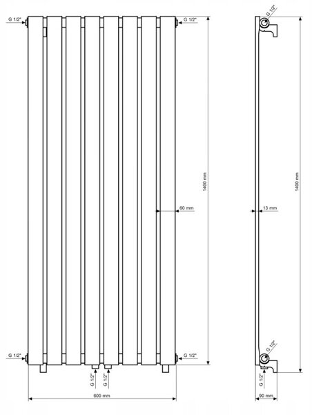 Gamma Vertical, vykurovacie teleso 600x1400 mm, 916 W, biela matná, GMA-VERT-14060-WH