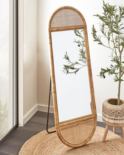 Stojace zrkadlo prírodné ratan sklo 150 x 50 cm oválny tvar moderný boho štýl obývačka spálňa