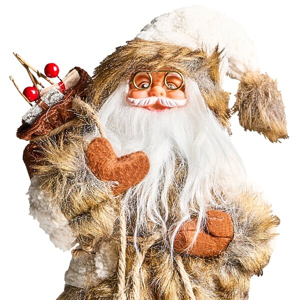 Dekoratívna figúrka hnedá a biela látka syntetický materiál vianočná dekorácia Santa Claus Mikuláš ozdoba