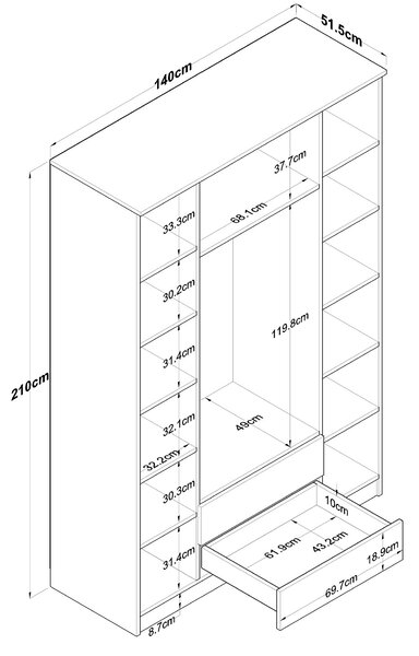 Kalune Design Šatníková skriňa BA 131 140 cm so zrkadlom orech/biela