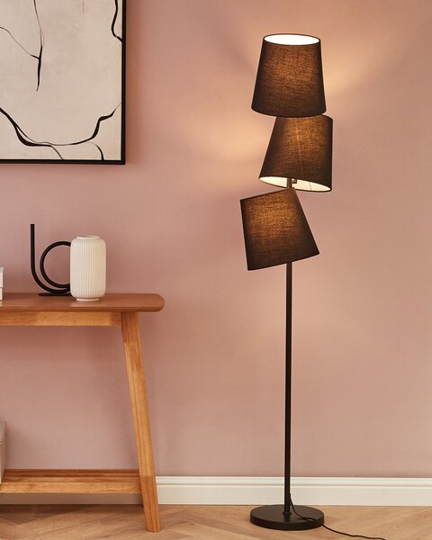 Stojaca lampa čierna kov polyester 164 cm 3 látkové tienidlá retro moderný štýl obývačka spálňa