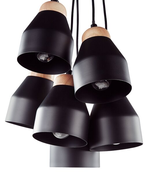 Závesná lampa čierny kov a svetlé drevo 6 tienidiel v tvare zvona moderné svietidlo
