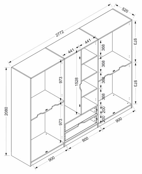 Kalune Design Šatníková skriňa Elina 270 cm grafit/orech