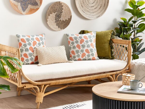 Sada 2 dekoratívnych vankúšov oranžová a zelená polyester 45 x 45 cm vzor papáje štvorcový letný motív dekoračný doplnok