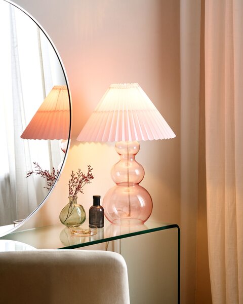 Stolná lampa ružová sklenený podstavec plisované látkové tienidlo obývačka spálňa moderný štýl