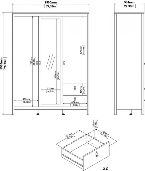 FALCO Šatníková skriňa Realty 150 cm so zrkadlom čierna