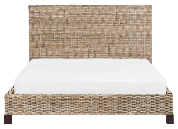 Posteľ prírodná ratan mahagónové drevo 160 x 200 cm lamelový rošt pletené ozdobné čelo boho moderný štýl spálňa