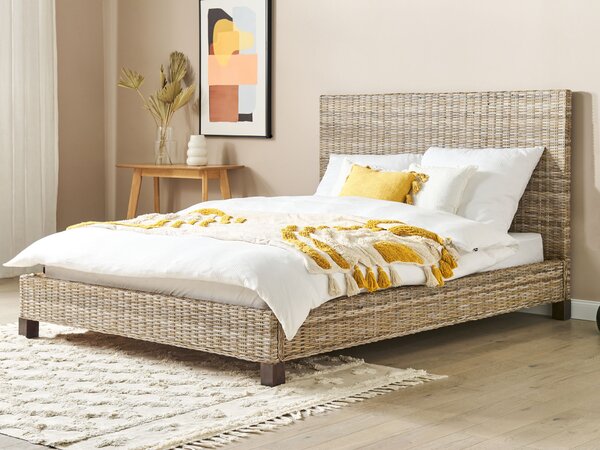 Posteľ prírodná ratan mahagónové drevo 160 x 200 cm lamelový rošt pletené ozdobné čelo boho moderný štýl spálňa