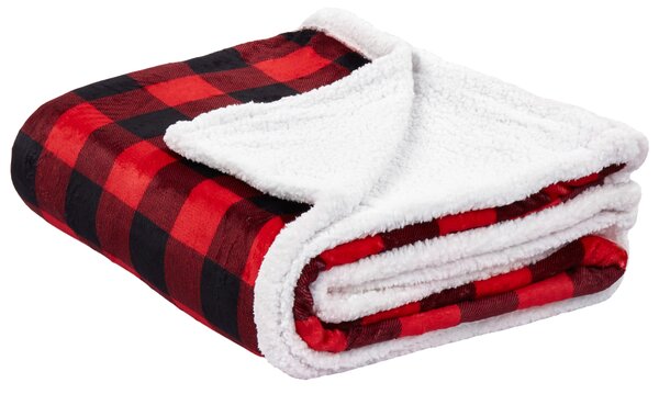 Deka červená a čierna mäkká polyester 150 x 200 cm dvojfarebná hrejivá prikrývka na posteľ kockovaný vzor