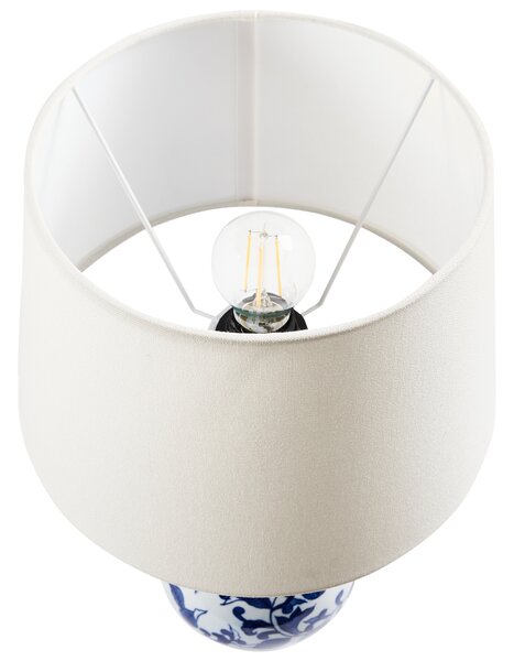 Stolná lampa biela a modrá porcelánový podstavec ľanové tienidlo kvetovaný vzor štýlové svietidlo