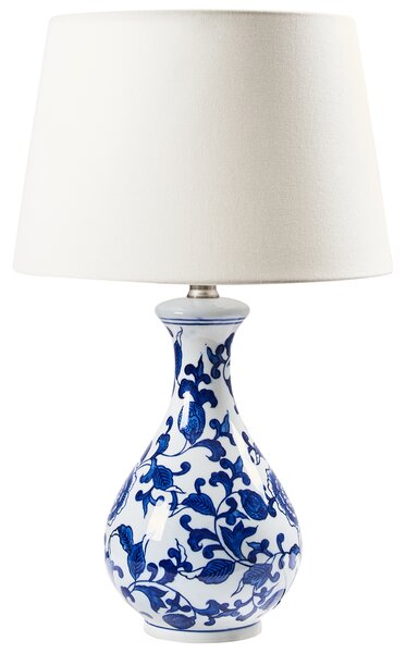 Stolná lampa biela a modrá porcelánový podstavec ľanové tienidlo kvetovaný vzor štýlové svietidlo
