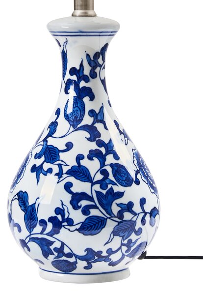 Stolná lampa biela a modrá porcelánový podstavec ľanové tienidlo kvetovaný vzor štýlové svietidlo