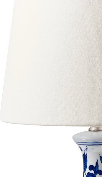 Stolná lampa biela a modrá porcelánový podstavec ľanové tienidlo kvetovaný vzor štýlové svietidlo