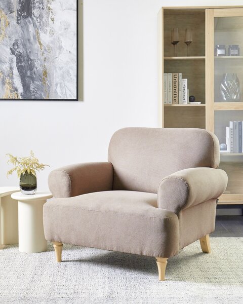 Kreslo sivobéžové polyester látkové čalúnenie drevené nohy retro minimalistický štýl obývacia izba