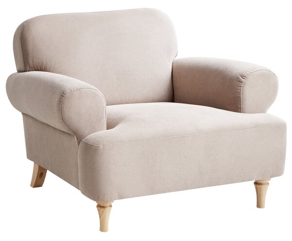 Kreslo sivobéžové polyester látkové čalúnenie drevené nohy retro minimalistický štýl obývacia izba