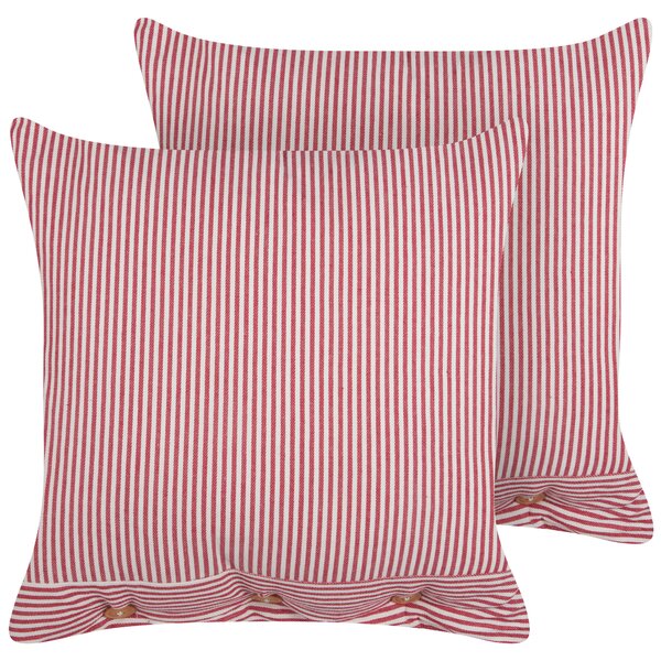Sada 2 dekoratívnych bavlnených vankúšov červený a biely pruhovaný vzor 45 x 45 cm gombíky retro bytový doplnok spálňa obývačka