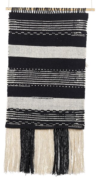 Nástenná dekorácia béžová čierna bavlna borovicové drevo pletená ručná výroba so strapcami makramé boho štýl doplnky dekorácie
