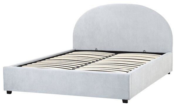 Posteľ s úložným priestorom svetlomodrá čalúnená ženilka 160 x 200 cm zaoblené čelo minimalistický retro dizajn spálňa