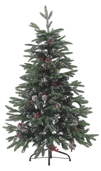 Umelý vianočný stromček zelený PVC kovový podstavec 120 cm so zasneženými vetvami šiškami a cezmínou tradičný štýl