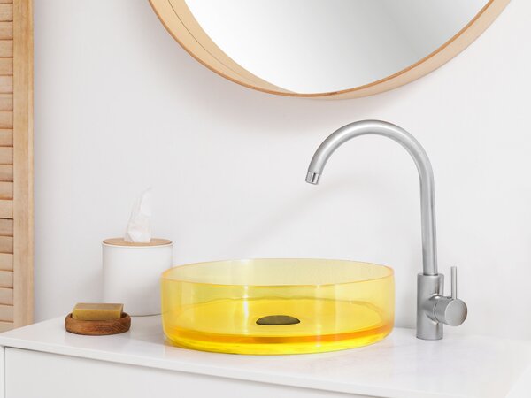 Umývadlo na dosku žlté priehľadné z materiálu solid surface 36 cm okrúhle do kúpeľne