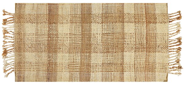 Koberec béžový jutový 80 x 150 cm obdĺžnikový ručne tkaný so strapcami boho dizajn spálňa obývacia izba
