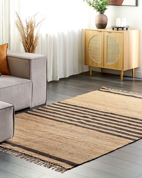 Koberec béžový jutový 160 x 230 cm pletený ručne vyrobený pásikavý vzor prírodný boho štýl textil