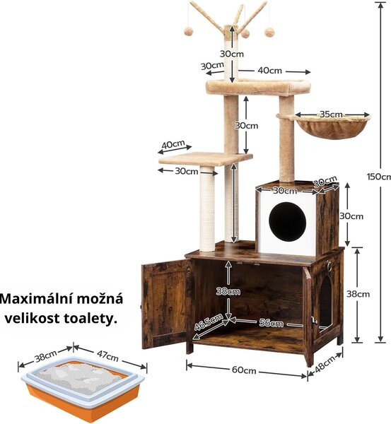 Škrabadlo pre mačky Vasagle Monta 150 cm s toaletou hnedé